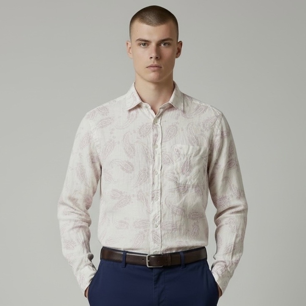 Zegna Sport Shirt Mens Small Linen Button Down Purple‎ White Paisley Long Sleeve